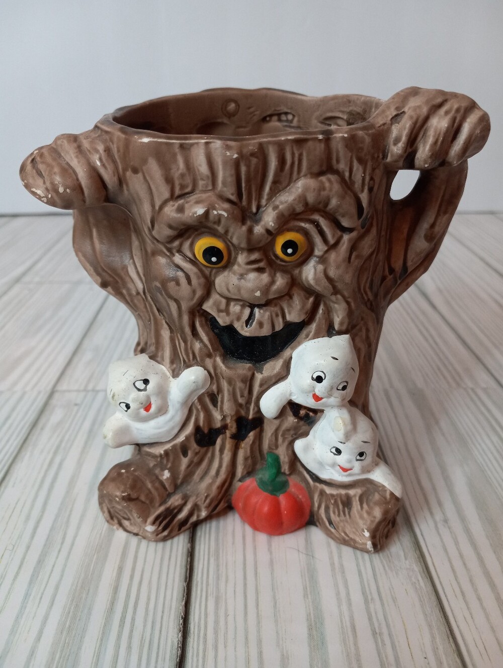 Vintage Spooky Ceramic Brown Tree Trunk Halloween Planter with White Ghosts